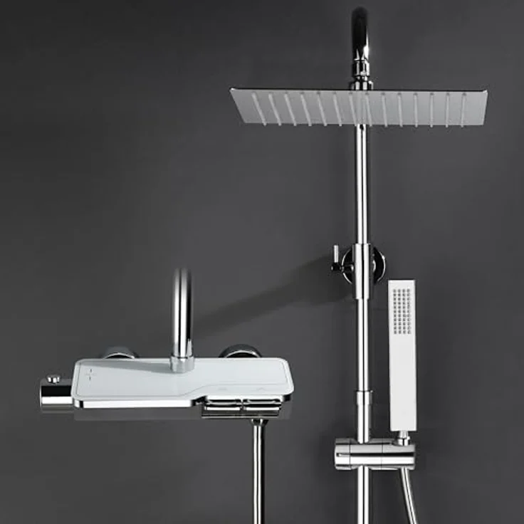 Görbach Edelstahl Duschset Regendusche mit Thermostat Mischbatterie, verstellbarer Duschstange, Kopfbrause 25x25 cm, Chrom – Bild 1