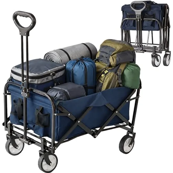 Relaxdays Bollerwagen, faltbar für bis zu 100 kg, Teleskopgriff, Oxford-Gewebe, Transportwagen für Einkauf, Camping & Strand, blau