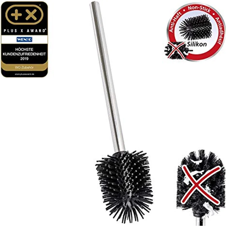 WENKO Ersatzbürste mit Silikon Bürstenkopf, Toilettenbürste mit auswechselbarem Bürstenkopf, Anti-Haft-Wirkung, mit rostfreiem, glänzendem Edelstahlstiel, Ø 7,5 x 35 cm, Silber/Schwarz – Bild 2