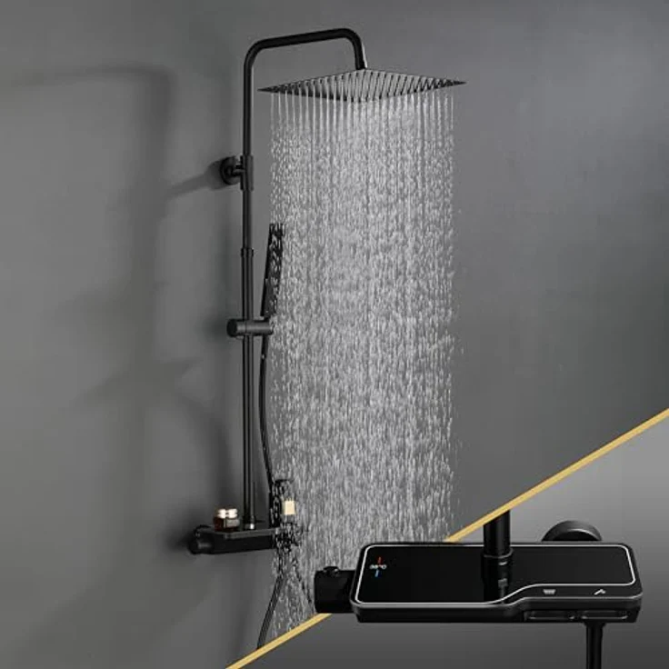 Görbach Regendusche Duschsystem mit Thermostat, Kopfbrause 20x20 cm, intelligente Temperaturkontrolle, schwarz – Bild 1