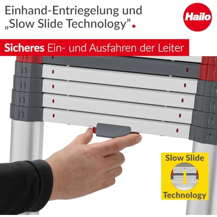 Hailo Teleskop-Anlegeleiter Aluminium, 9 Stufen, max. 150 kg, 265 cm, rutschfeste Sprossen, anodisierte Oberfläche, Einhand-Auslösesystem – Bild 5