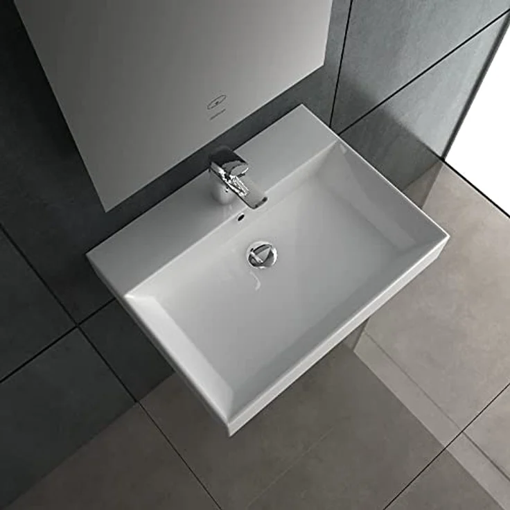 Alpenberger Aufsatzwaschbecken 60 cm Breit für Badezimmer | Keramik Handwaschbecken mit Überlauf | Waschtisch als Aufsatzwaschbecken oder Wandaufhängung | Waschbecken Klein & Eckig für Gäste WC – Bild 4