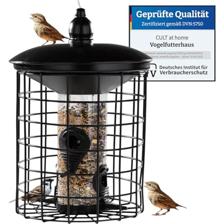 CULT at Home Vogel Futterhaus, Futtersäule mit Schutzkäfig, taubensicher für kleine Wildvögel, Metall Schwarz, Höhe 29 cm – Bild 2