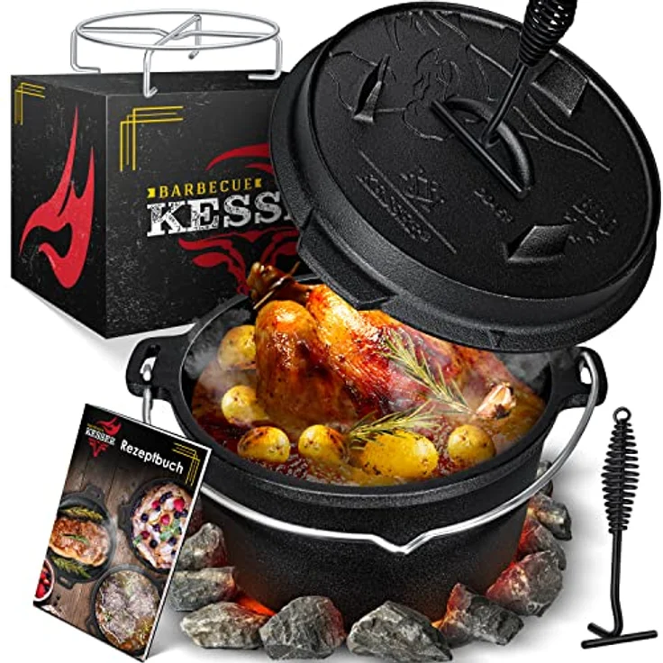 KESSER® Dutch Oven Set BBQ 4,2 Liter, Feuertopf Schmortopf mit Edelstahluntersetzer, Gusseisen Topf mit Deckelheber Henkel und Schlitz für Themormeter, kochkessel Grilltopf für Oudoor & Indoor – Bild 1
