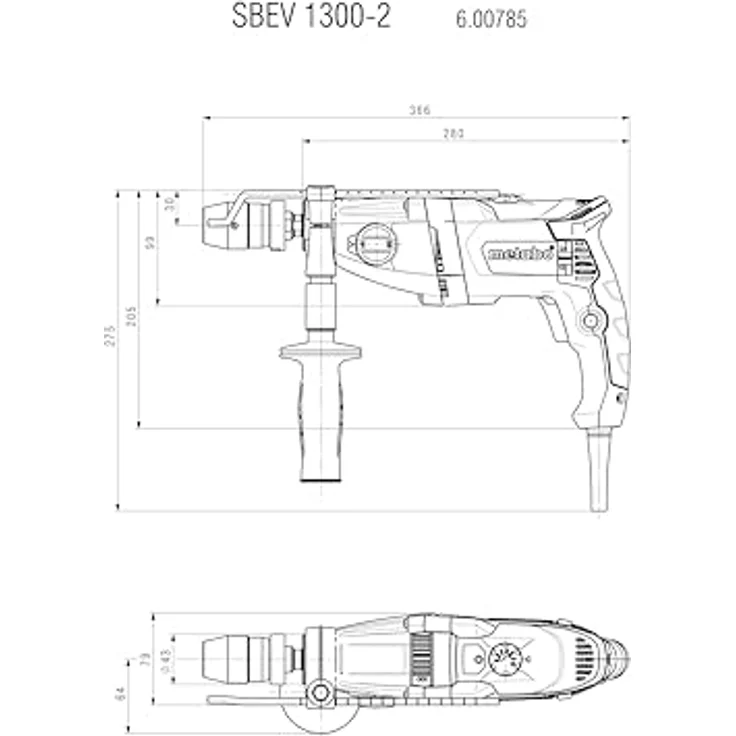 Metabo 600785500 Schlagbohrmaschine SBEV 1300-2 , Schnellspannfutter Futuro Plus, Handgriff, Anschlag, Koffer , VTC Vollwellenelektronik - Rechts-Linkslauf (1300 W - 44 Nm - Drehzahl 0 - 3100 -min) – Bild 2