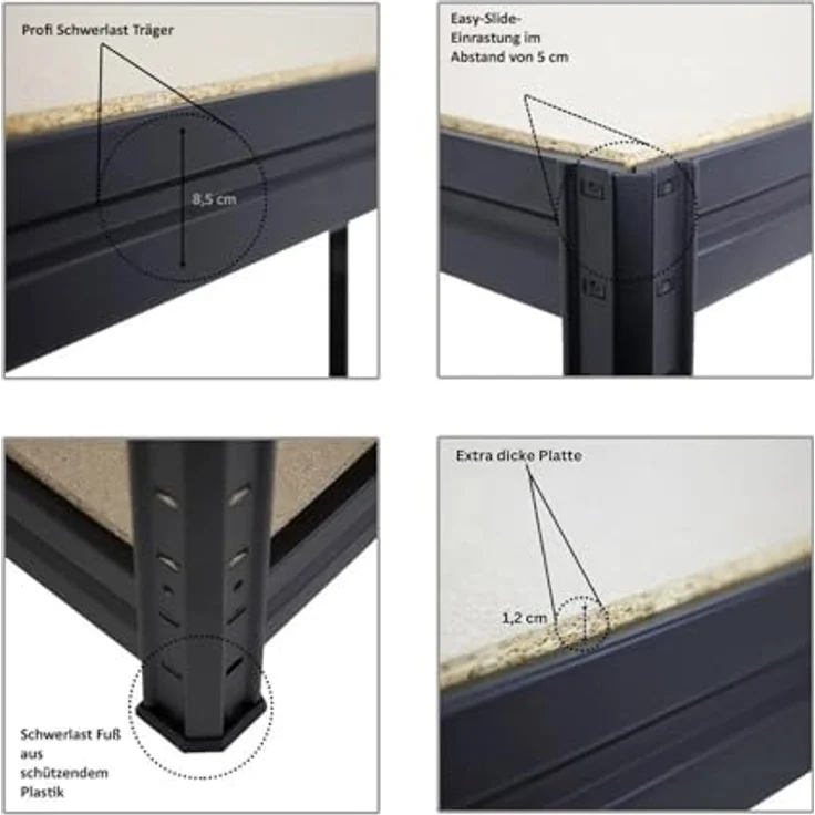 PROREGAL® Werkbank DINO, Höhenverstellbare Werkbank 90x120x60cm, Traglast 600kg, Schwarz, Einlegeböden in 5 cm Schritten einstellbar – Bild 4