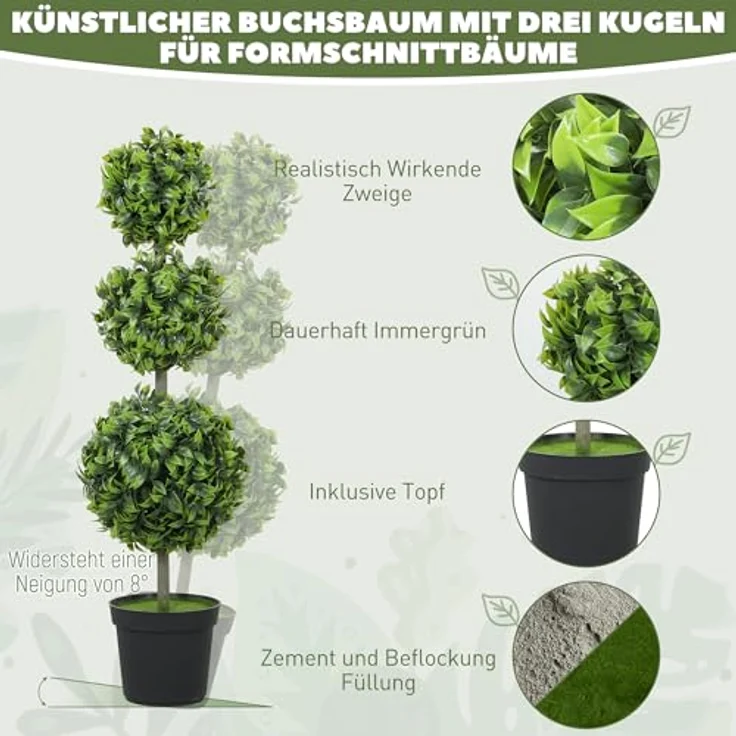 HOMCOM 2er Set Künstlicher Buchsbaum, 100 cm hohe Kunstpflanze mit UV-Schutz, Pflegefrei, ideal für Wohnzimmer, Schlafzimmer und Garten – Bild 3