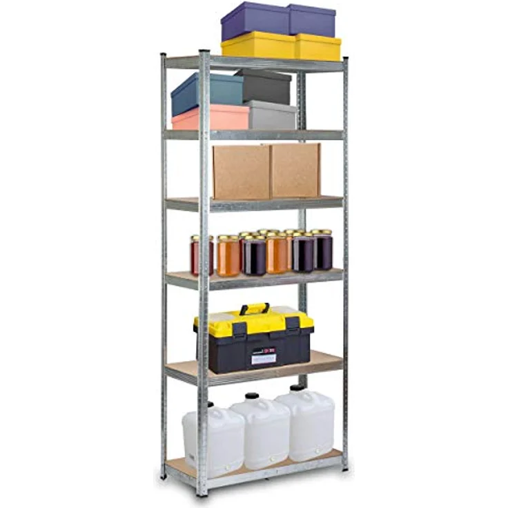 Humberg HR-814 Kellerregal, Schwerlastregal mit Stahlgestell, bis 900 kg belastbar, 6 MDF-Regalböden, 222 x 90 x 40 cm, Silber – Bild 3