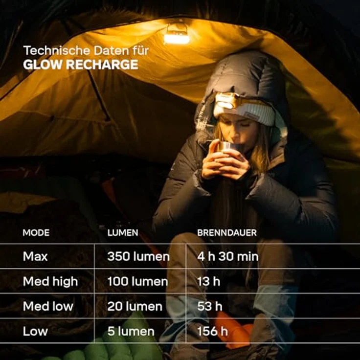 Silva Glow Akku LED Campingleuchte, USB-C aufladbar, 350 Lumen, 4 Helligkeitsstufen, weisses & warmes Licht, 156h Brenndauer, wasserfest, 91g – Bild 5