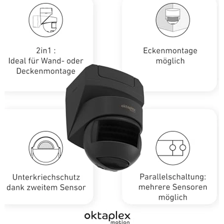 Oktaplex motion Lea Bewegungsmelder, Außen IP54, Infrarot Sensor 180° 12 m, 230V LED geeignet, anthrazit, Wand-/Deckenmontage – Bild 2