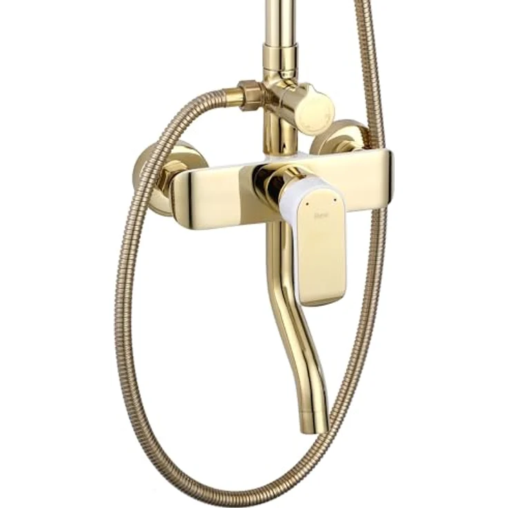 Rea Duschsystem BLOOM WHITE GOLD, Duschset mit Duscharmatur, Duschkopf und Kopfbrause aus Messing, Anti-Kalk Düsensystem, Aufputzmontage, Weiß/Gold – Bild 2