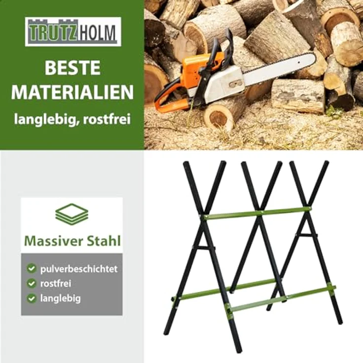 TRUTZHOLM Holzsägebock klappbar, pulverbeschichtet, 100 kg Traglast, 3-fach verstellbar, schwarz/grün – Bild 7