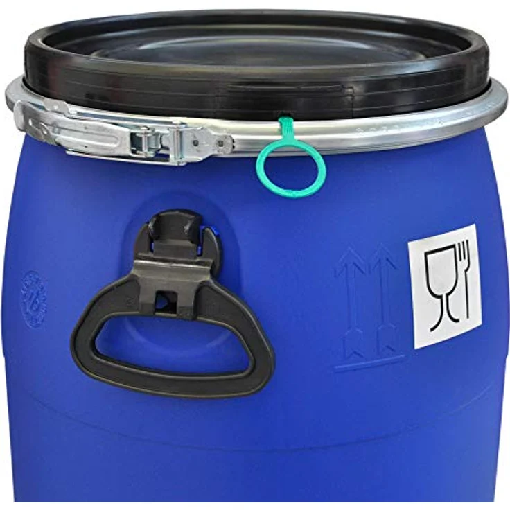 2 Stück: 60 L Weithalsfass mit Spannverschluss | 100% Lebensmittelecht | Universalfass | Futtertonne | Regen Maische Tierfutter Trinkwasser Camping Lagerfass | Stapelbar | Blau – Bild 2