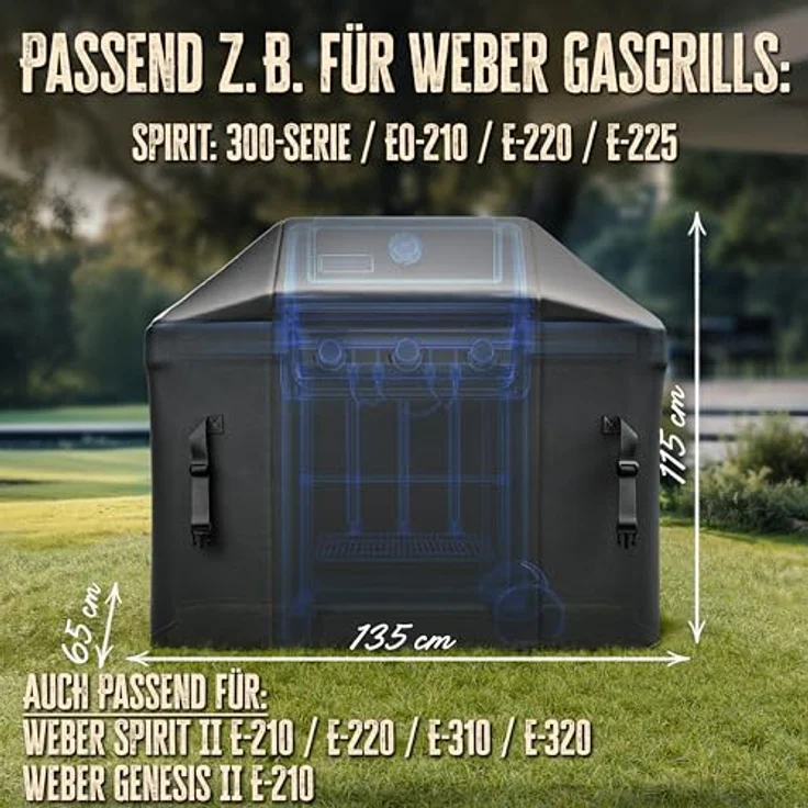 AMZBBQ® Premium Grillabdeckung, wetterfest, 135 x 115 x 65 cm, 100% wasserdicht für Gasgrill, passend für Weber Spirit E-310 & E-320 / Rösle Videro G3 / Enders Boston & Monroe ProX 3 – Bild 2