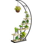 Ribelli 5-stufiger Metall-Pflanzenständer in Halbmondform 172cm, Pflanzenregal mit 5 Ablagen & Haken, Hoch Blumenständer Pflanzentreppe mit Kippschutz für Balkon Wohnzimmer Terrasse (1 Stück, Braun)