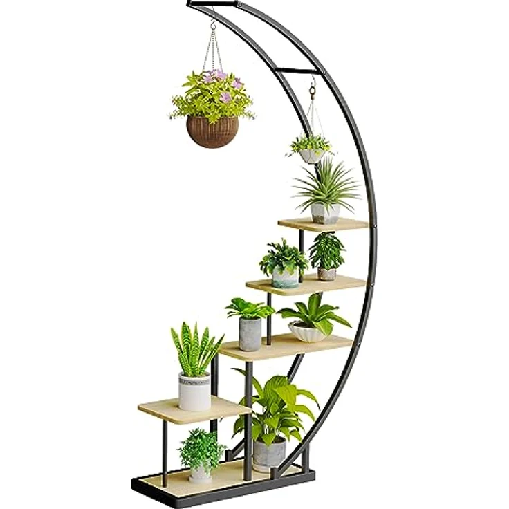 Ribelli 5-stufiger Metall-Pflanzenständer in Halbmondform 172cm, Pflanzenregal mit 5 Ablagen & Haken, Hoch Blumenständer Pflanzentreppe mit Kippschutz für Balkon Wohnzimmer Terrasse (1 Stück, Braun) – Bild 1
