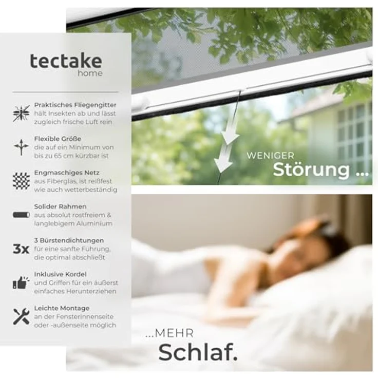 tectake Insektenschutz-Fensterrahmen Insektenschutzrollo, Aluminium, 130x160 cm, weißer Rahmen, schwarzes Moskitonetz – Bild 2