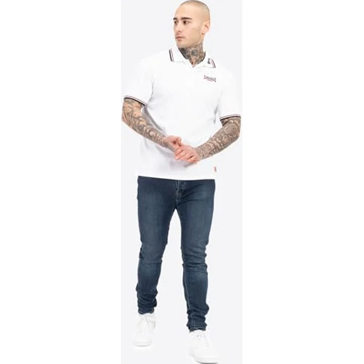 Lonsdale Poloshirt Lion, Arbeitsshirt mit farblich abgesetzten Stickereien und gestreiften Bündchen, blau – Bild 3