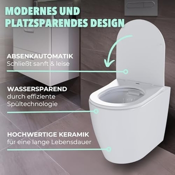 LuxeBath Spülrandloses Hänge WC Keramik Weiß Matt Mit Nano Beschichtung, Wand-WC Lang 54 Cm, Toilette Mit WC-Sitz Abnehmbar Aus Duroplast Softclose Absenkautomatik, Tiefspüler-WC Mit Lotus Effekt