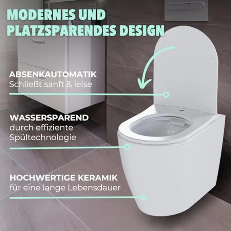 HAGO24 Hänge WC spülrandlos in Weiß I Hochwertige Keramik Toilette mit Nano Lotus Effekt I Absenkautomatik I Wassersparendes Wand WC – Bild 3