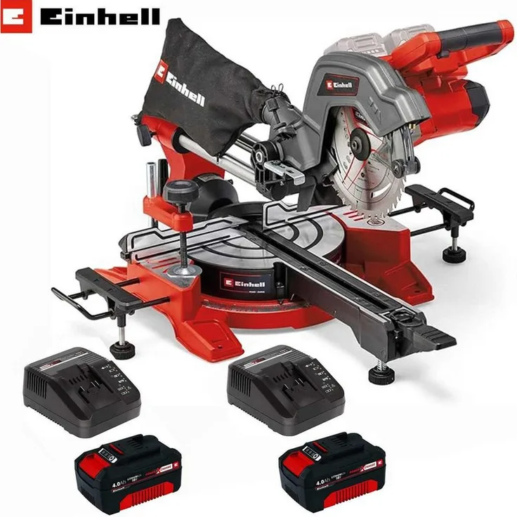 Einhell Zug-, Kapp- und Gehrungssäge Akku-Zug-Kapp-Gehrungssäge 36V TE-SM 36/8 Li-mit Akk4 Ah u Ladegerät - Power X-Change, 65mm x 305mm Schnitttiefe, neigbarer Sägekopf, Laser, 2x Akku 4,0 Ah & 2x Ladegerät