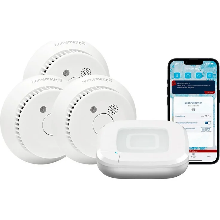 Homematic IP HOMEMATIC IP Starterset, Rauchwarnmelder mit Smartphone-Alarmierung für 3 Räume, wartungsfrei, 10 Jahre Batterielebensdauer