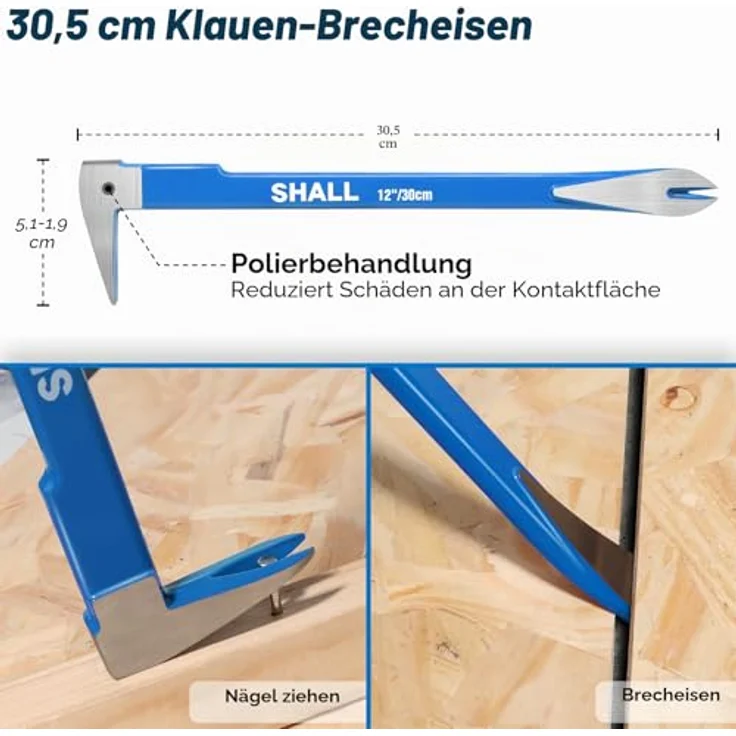 SHALL 4-teiliges Brechstangen-Set, 30,48 cm Katzenpfoten-Nagelauszieher, 25,4 cm und 19 cm Flache Krallen-Brechstangen, Nagelziehzange mit 8-Zoll-Endschneider, aus Chrom-Vanadium-Stahl, rost- und korrosionsbeständig – Bild 4