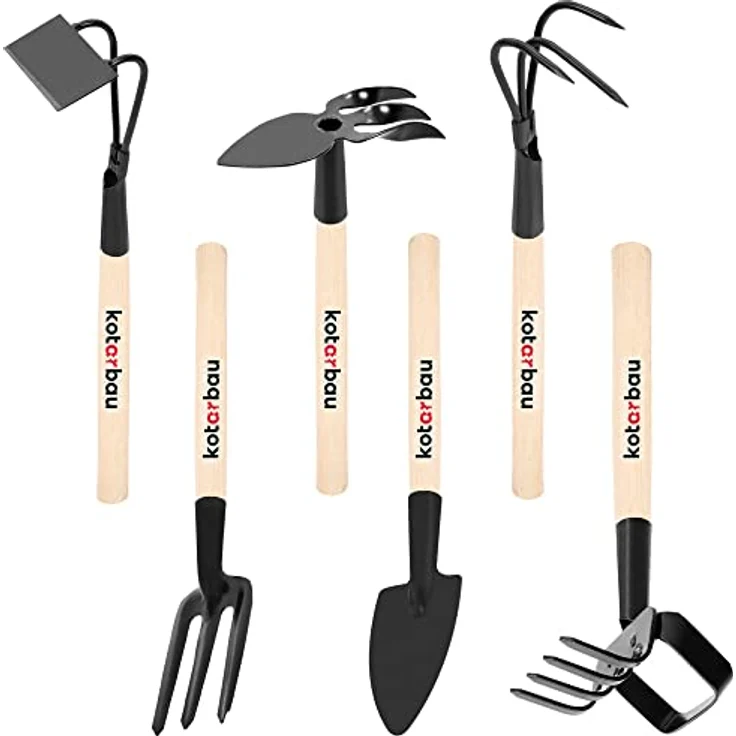 KOTARBAU® Gartenwerkzeug Satz 6tlg. Mini Gärtnerwerkzeug Forke Grubber Rechen Hacken Spaten Doppelhacke für Gartenpflege Gartengeräte zum Lockern Garten Werkzeugset Handwerkzeuge – Bild 1
