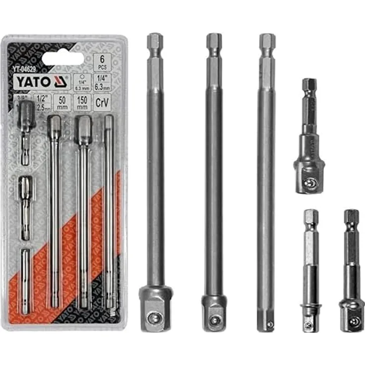 Yato YT-04629 Sechskant-Steckschlüssel-Adapter-Set, 6-teilig, 1/2 Zoll, 3/8 Zoll, 1/4 Zoll, 50 und 150 mm lang
