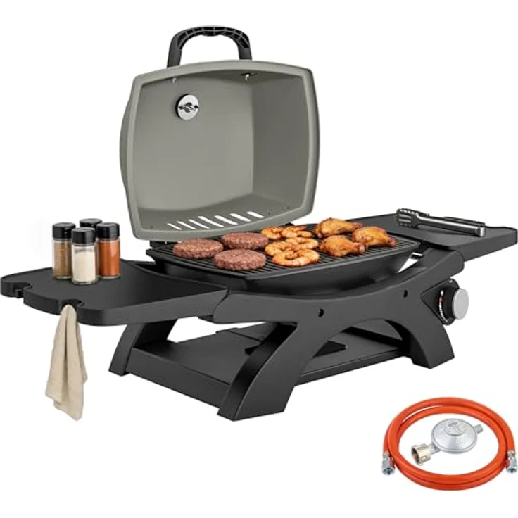 Outsunny Tragbarer Gasgrill 3,3 kW mit 1 Brenner, klappbaren Seitentischen, Gusseisen Grillrosten, herausnehmbarer Fettauffangschale und Thermometer, Tischgasgrill für Garten und Balkon – Bild 1