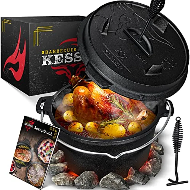 KESSER® Dutch Oven Set BBQ 4,2 Liter, Feuertopf Schmortopf mit Füßen, Gusseisen Topf mit Deckelheber Henkel und Schlitz für Themormeter, kochkessel Grilltopf Gulaschkessel für Oudoor & Indoor