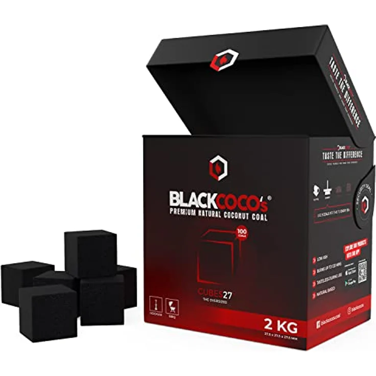 BLACKCOCO's CUBES27+ Shisha Kohle 2KG, Natürliche Kokosnuss Kohle mit langer Brenndauer für Wasserpfeife & Grill, raucharm und chemiefrei – Bild 1