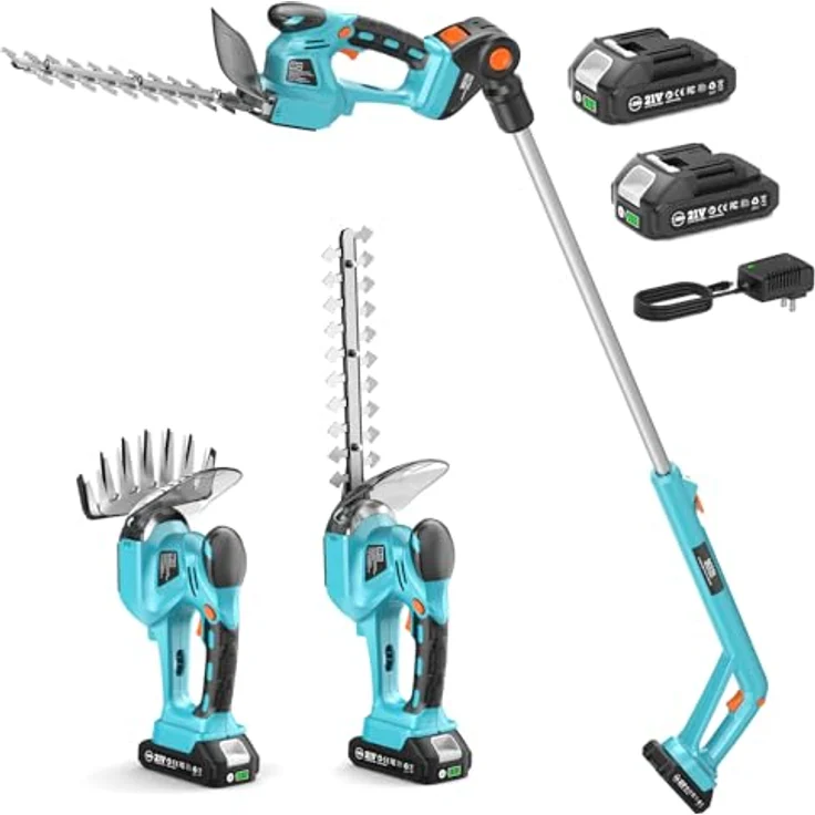 SEESII 4 in 1 Akku Teleskop Heckenschere, mit 2 * 2000mAh Batterie, 200mm Heckenscherenmesser und 160mm Grasscherenmesser, leichte elektrische Gartenschere für präzise Hecken- und Rasenschnitte – Bild 1