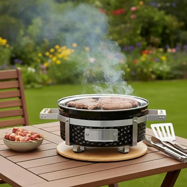 BBQ-Toro Keramik Holzkohletischgrill Ø 29,5 cm, Outdoor Hibachi Grill mit Holzunterlage, ideal für Camping, koreanischen Grill & japanisches BBQ – Bild 5
