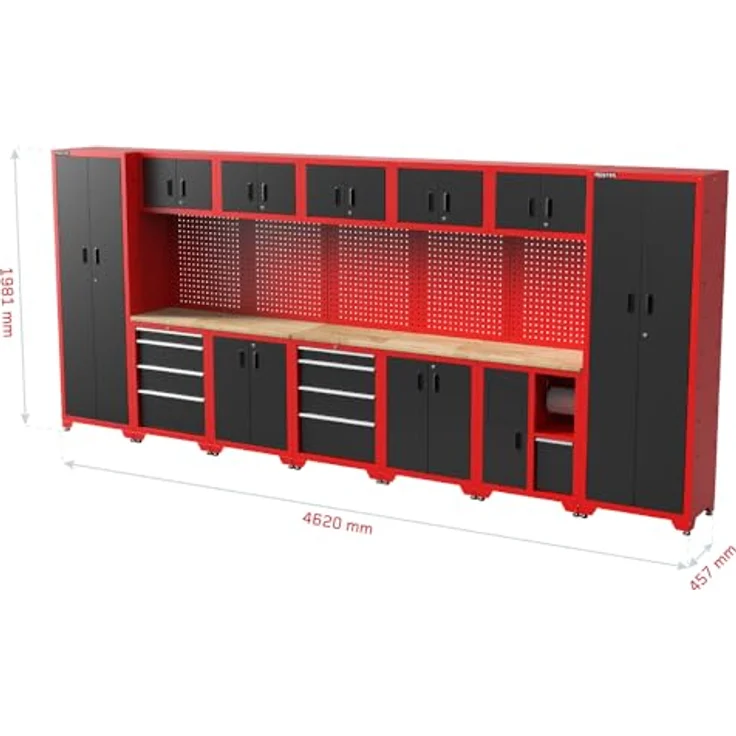 FEISTOS Werkbank Juno 12, modulare Werkstatteinrichtung mit Lochwand, Schwarz/Rot, 462x46x198 cm, inkl. abschließbare Schränke und höhenverstellbare Füße – Bild 3