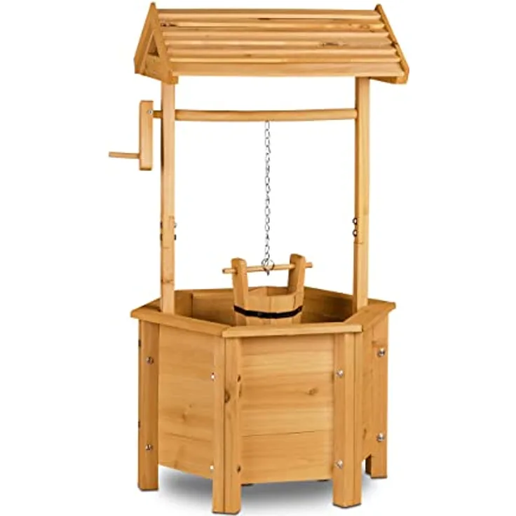Relaxdays Dekobrunnen Garten Holz, Rolle, Eimer, HxBxT: 82 x 47 x 41 cm, Zierbrunnen, Gartendeko, Holzbrunnen, natur - Preisvergleich