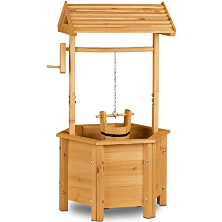 Relaxdays Dekobrunnen Garten Holz, Rolle, Eimer, HxBxT: 82 x 47 x 41 cm, Zierbrunnen, Gartendeko, Holzbrunnen, natur - Preisvergleich – Bild 1