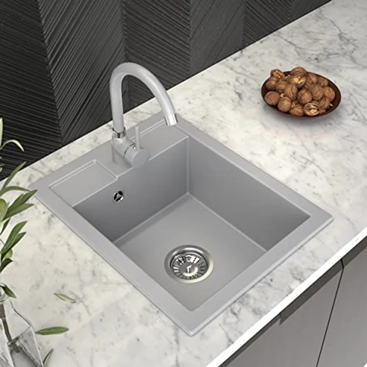 Granitan GRANITAN BEST Küchenspüle – Spüle aus Granit mit Siphon Chrom, Sieb und Imprägniermittel - Spülbecken mit 1 Becken – Einbauspüle 40x50 cm – Grau – Bild 3