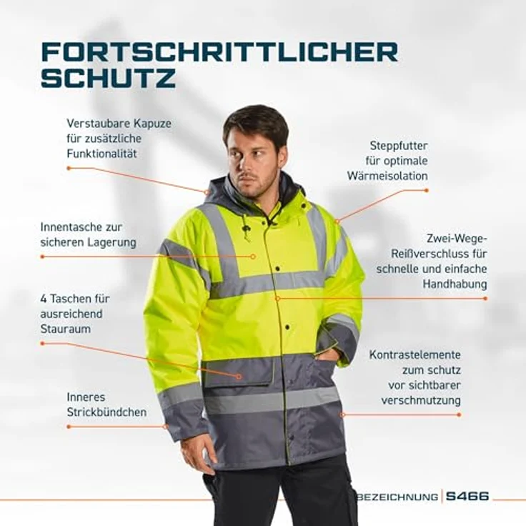 Portwest S466, Zweifarbige Warnschutzjacke – Gelb und Schwarz, EN471 Klasse 3:2, mit Kapuze und Handytasche – Bild 3