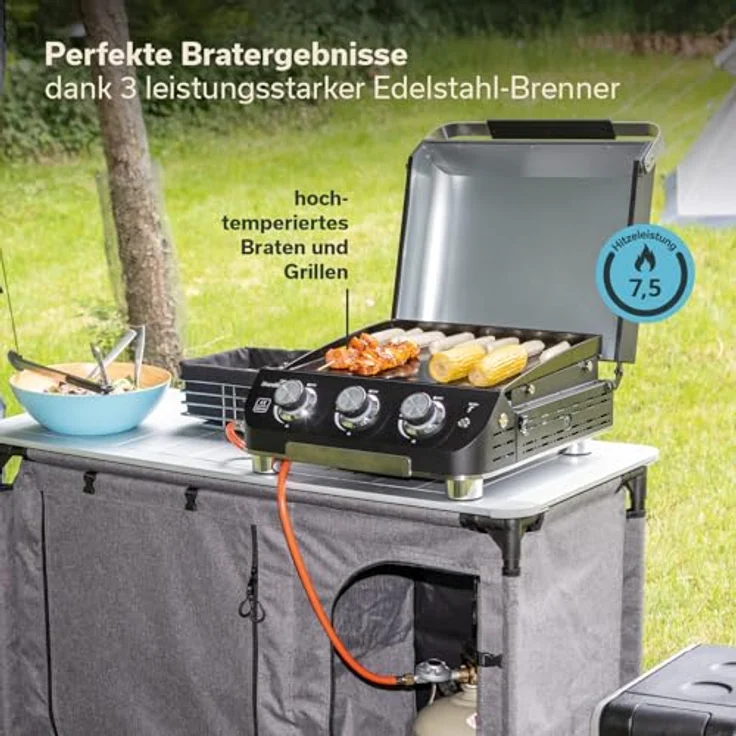 Skandika Plancha Grill Palo 3-Brenner Plus, Gasplancha Grillplatte mit Deckel, 3 separat steuerbare Brenner, transportabler Tischgrill für Outdoor, Camping und Balkon – Bild 2