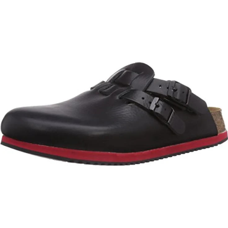 Birkenstock Clog Kay Superlauf, WB, Naturleder, schwarz/rot, schmal, Größe 40 582636-40 (Damen-Clog Sandale Sandalette Pantoffel Pantolette Latsche Halbschuh Ristriemen Clogs Clogen Schluffen)