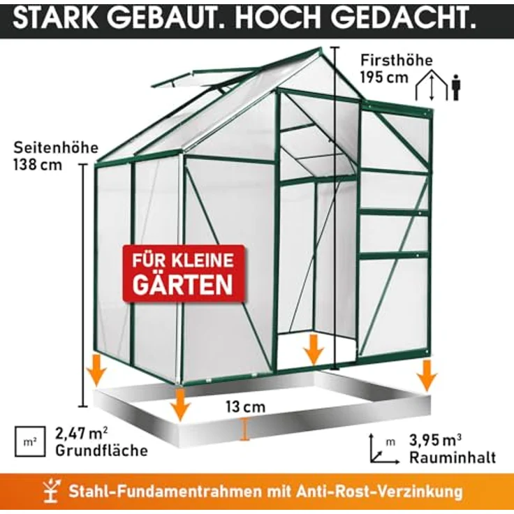 BRAST Gewächshaus Aluminium mit Fundament, 130x190x195cm, grün, 6mm Hohlkammerplatten, rostfrei, wetterfest und temperaturbeständig – Bild 5
