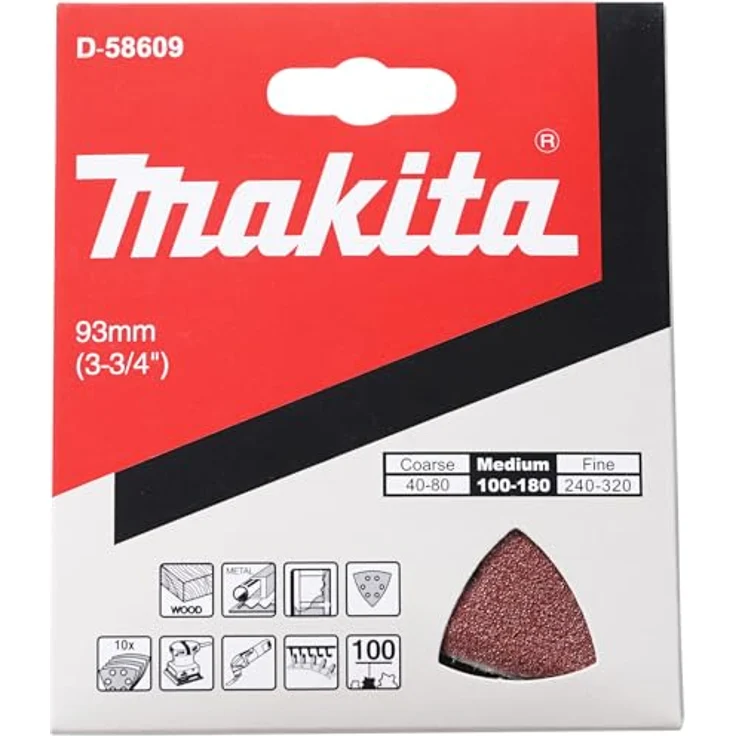 Makita Akku-Multifunktionswerkzeug K100, Deltoid Schleifpapier mit Klettverschluss für Holz und Metall, 93 mm, 10 Stück – Bild 2