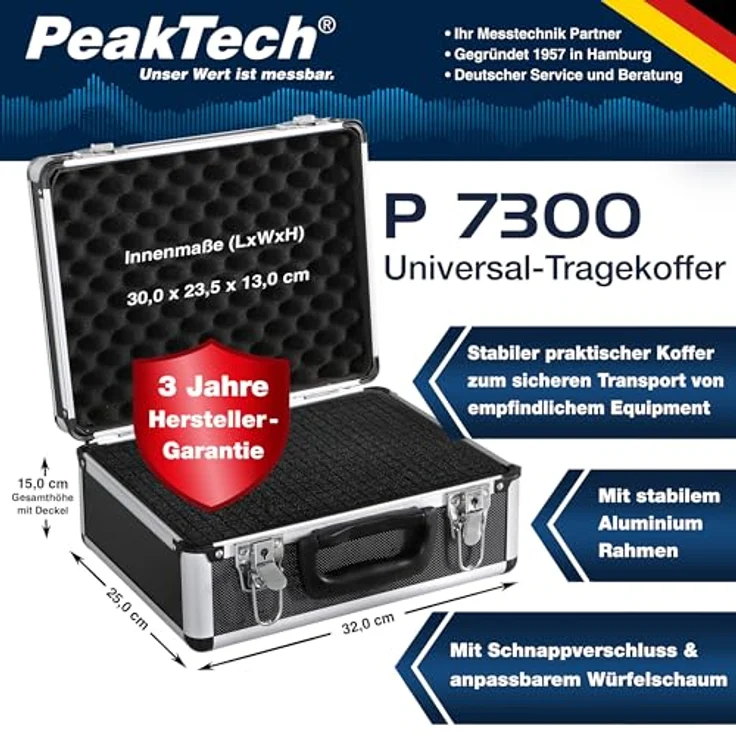 PeakTech 7300 – Universal Koffer für Messgeräte, Robuster Tragekoffer, Werkzeug Aufbewahrung, Würfelschaum Platten, Schaumstoff Polsterung, abschließbar, Staubschutz, M - 320 x 250 x 150 mm – Bild 3