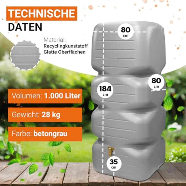 GARANTIA Regentonne CUBUS Komplett-Set 1000 L, betongrau, mit Auslaufhahn und Fallrohrfilter, witterungsbeständig und langlebig – Bild 3