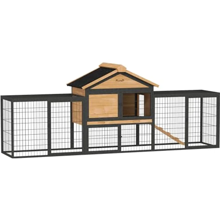 PawHut Hasenstall 2 Ebenen mit Satteldach, Winterfestes Doppelstockhaus aus Vollholz mit Freilaufgehege, 217x53x86 cm, Gelb