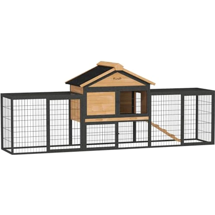 PawHut Hasenstall 2 Ebenen mit Satteldach, Winterfestes Doppelstockhaus aus Vollholz mit Freilaufgehege, 217x53x86 cm, Gelb – Bild 1