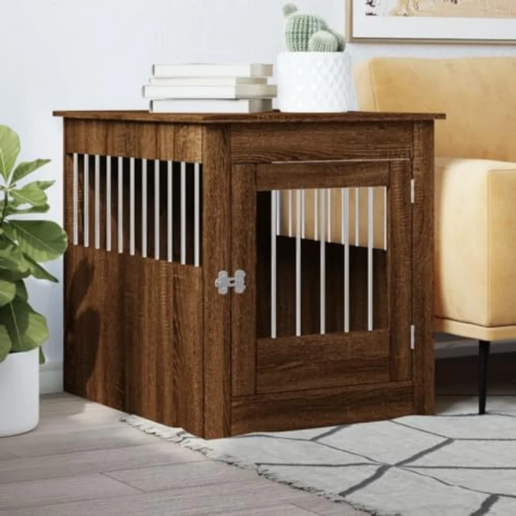 vidaXL Hundekäfig im Möbelstil, Abschließbar Hundebox mit Tür, Hundehütte Beistelltisch mit 2-in-1-Funktion, Hundehaus Haustierkäfig, Braun Eichen-Optik 64,5x80x71cm – Bild 2