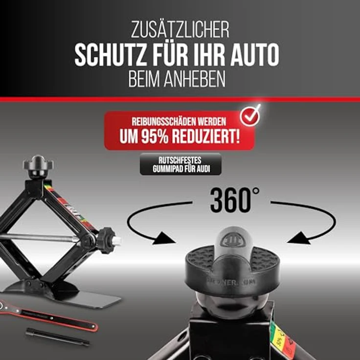 HEYNER® Multi Lift M Black, Scherenwagenheber 1,5t mit individueller Gummiauflage für Audi, höhenverstellbar 135–415 mm, drehbarer Sattel, inkl. Comfort-Verlängerung und Ratsche, Tasche, GS-geprüft – Bild 7