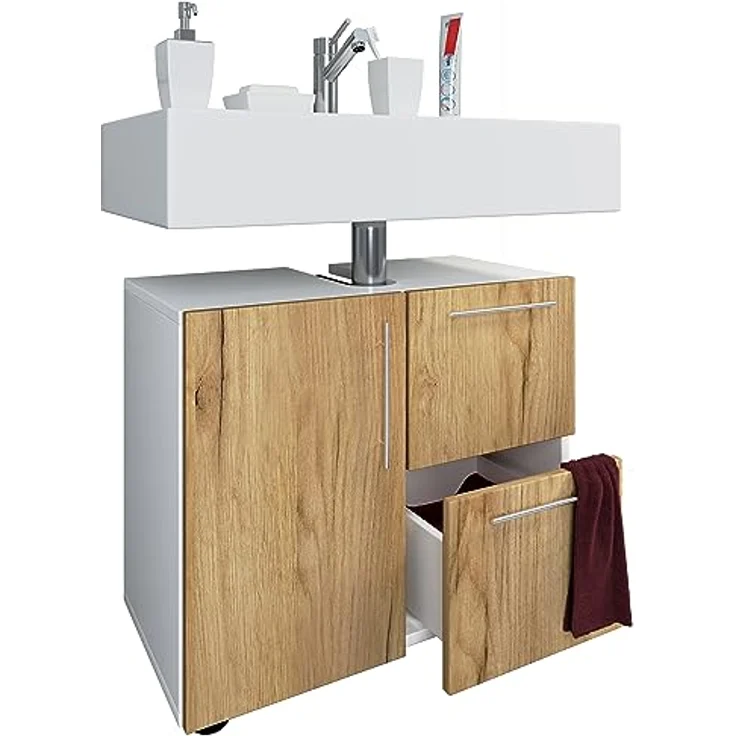 VCM Badmöbel Badunterschrank Waschbeckenunterschrank Badezimmer Flandu Schublade Weiß/Honig-Eiche – Bild 5